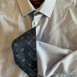 Egara Men's Blue Checkered Dress Button Up Shirt with Floral inner cuff